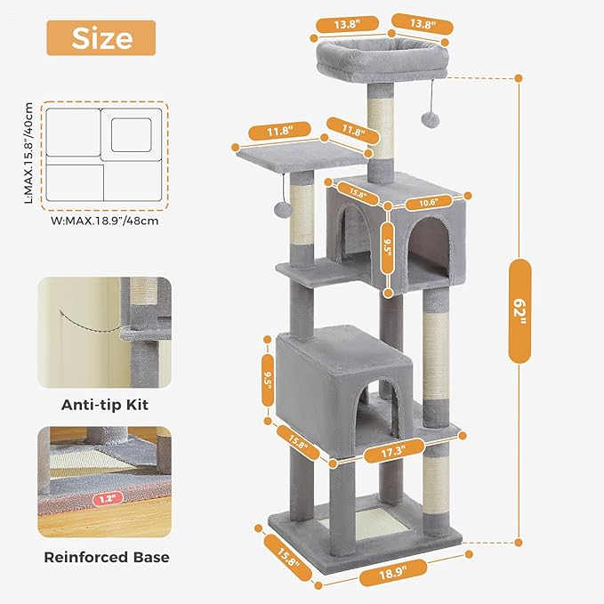 PEQULTI 62" Cat Tree for Indoor Cats, Multi-Level Cat Tower with Cozy Cat Condo Clearance Prime, Grey
