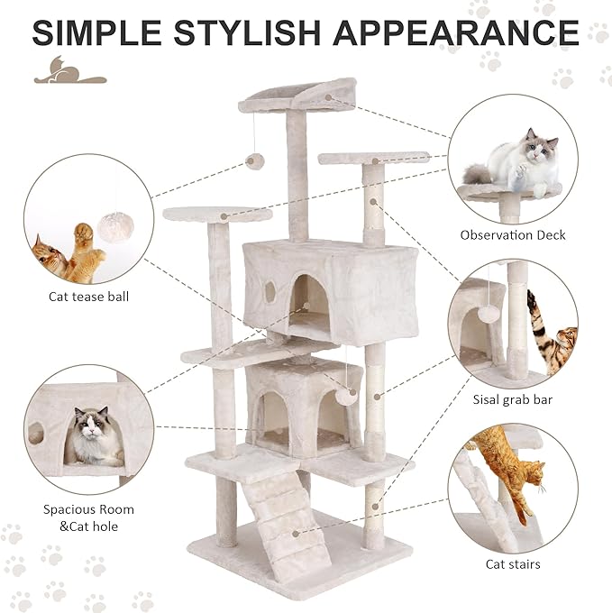 70" Multi-Level Cat Tree Tower with Scratching Posts, Toys & Condo - Space-Saving Design for Indoor Kittens, Compact Floor Footprint & Vertical Space for Multi-Cat Homes-Beige