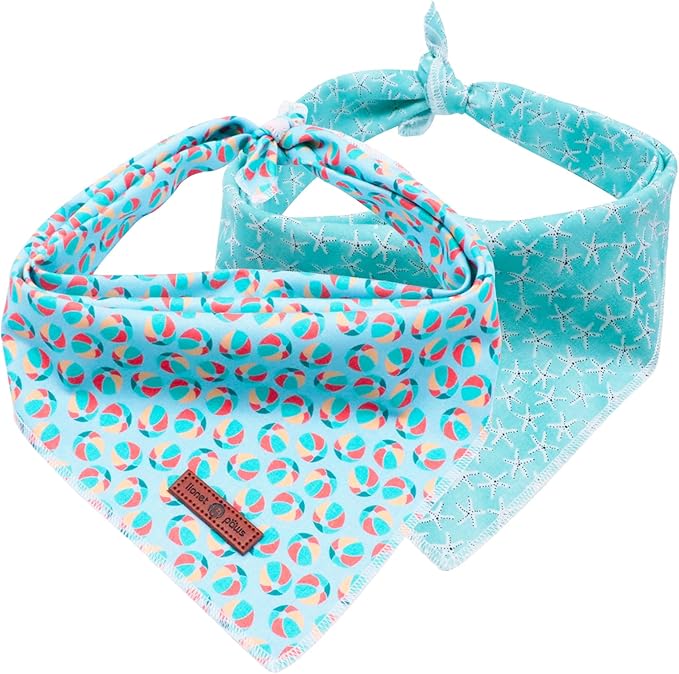 Lionet Paws Summer Dog Bandanas 2 Pack, Blue Washable Dog Triangle Bibs Scarf Dog Kerchief,Adjustable Triangle Holiday Scarves for Medium Large Extra Large Dogs Pets, Ball&StarFish