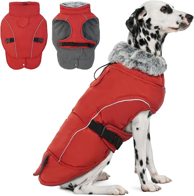 DENTRUN Winter Warm Dog Coat Reflective Jacket with Turtleneck for Cold Weather, Adjustable Buckle Windproof Water Repellent, Thick Snowsuit Fleece Vest for Small, Medium, Large Dogs, Red, XL