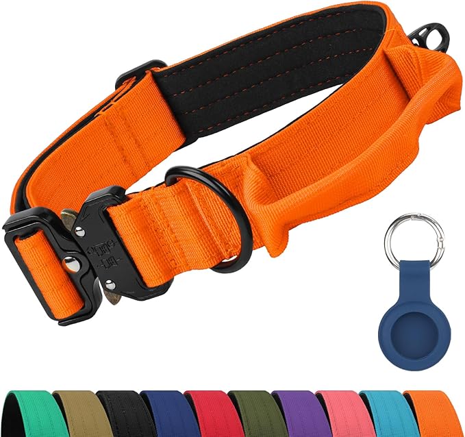 Joytale Tactical Dog Collar for Large Dogs with Control Handle, Heavy Duty Military Training Collar for Power Breeds, AirTag Holder Case, Quick Release Metal Buckle, Soft Padded, L, Orange