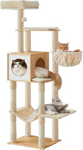 Feandrea Cat Tree, 65-Inch Tall Cat Tower, Multi-Level Condo with Cave, Basket, Hammock, Pompom, Scratching Posts, Almond Yellow UPCT118Y01
