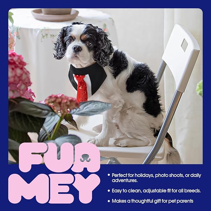 FUAMEY Dog Tie Bandanas,Formal Dogs Wedding Tuxedo Attire Puppy Collar with Ties Birthday Puppy Costume Adjustable Party Ball Tux,Doggies Valentines Cosplay for Small Medium Large Pet S