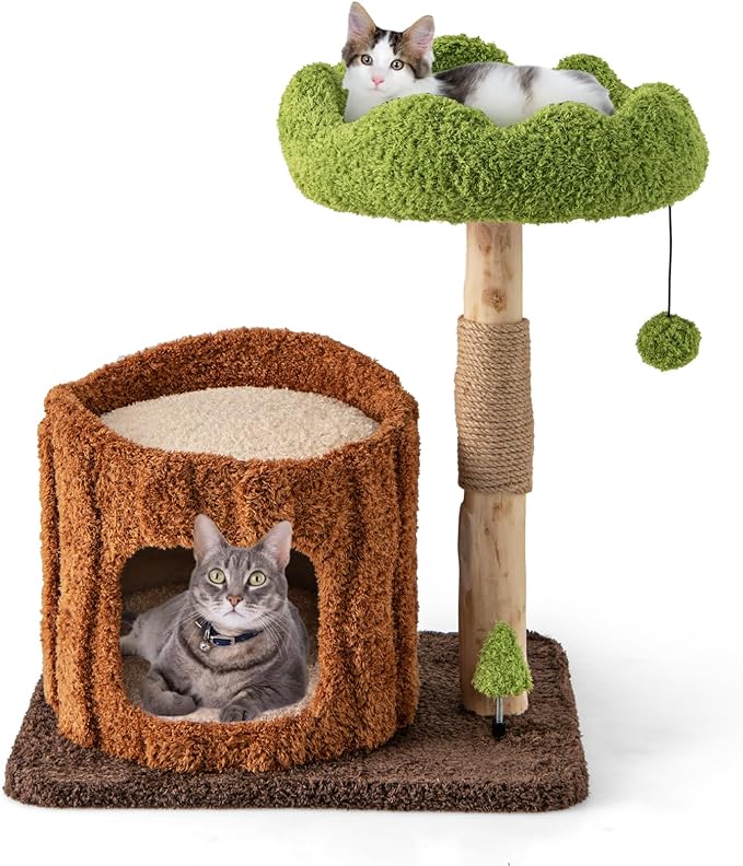 PETSITE 29 Inch Small Cat Tree for Indoor Cats, Modern Wooden Cute Cat Tree with Jute Scratching Post, Tree-Shaped Spring Toy, Teasing Hanging Ball and Teddy Fleece Covered Condo