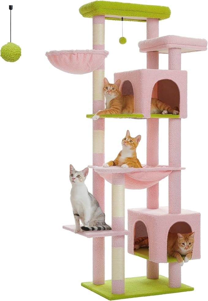 PETEPELA Large Cat Tree, 69-Inch Tall Cat Tower for Indoor Large Cats with Super Big Hammock, Cat Climbing Tree Tower with Scratching Posts, Cozy Condo House and Top Perch, Pink