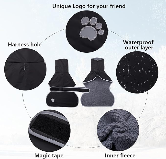 Geyecete Dog Winter Coat Geyecete Greyhound Raincoat Fabric with Lamb Velvet Inside Outdoor Dog Apparel with Adjustable Bands for Medium, Large Dog-Black-XL