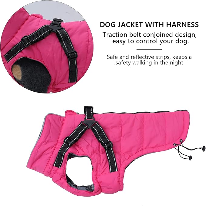 Geyecete Winter Warm Coat Waterproof Dog Winter Jacket with Harness Traction Belt,Pet Outdoor Jacket Dog Autumn and Winter Clothes for Medium, Small Dog-Pink-XS