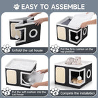 Shikha Cat Beds for Indoor Cats, Large Cat Cave with Cozy Condo, Fluffy Ball, Round Window, Foldable Indoor Cat House Hold Up to 30LBS, Cat Hideaway with Reversible Cushions for All Seasons, Black