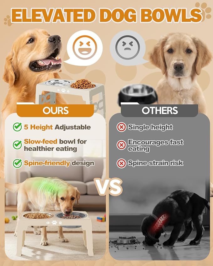 Elevated Dog Bowls for Medium Size Dogs, Non-Slip Dog Feeder with 1*Stainless Steel Dishes & 1*Slow Feeder Bowl, 5 Heights Adjustable Raised Bowls to 3.15″-8.66″-9.84″-11.02″-12.2″
