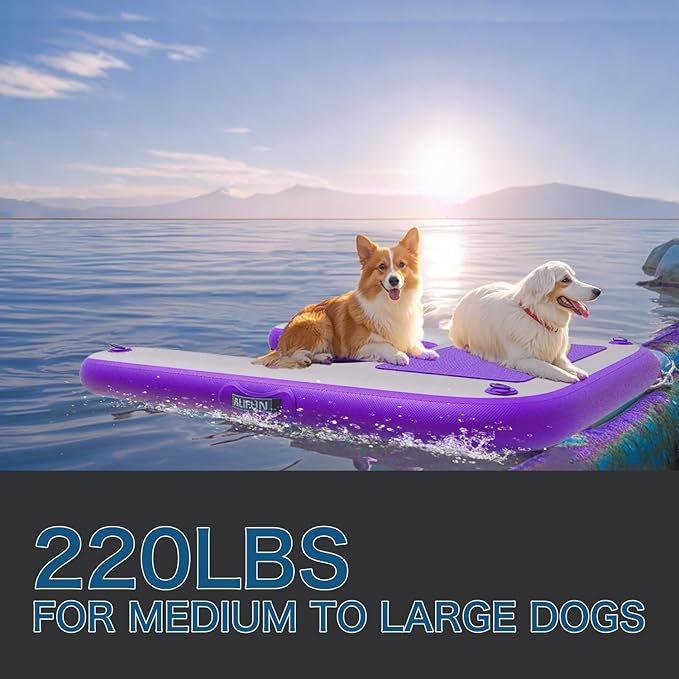 ALIFUN Inflatable Dog Ramp Floating Dock Water Raft Ladder for Pool, Boat, Non-Slip EVA Floating Ladder for Dog Up to 220 LBs Purple 140CM Length (Black-Purple, for Small Dogs Up to 80 lbs)