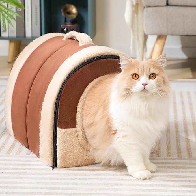 Hollypet Cat Bed Self-Warming 2 in 1 Foldable Kitty Cave Hut House Nest Pet Sleeping Bed, Crystal Velvet Pet Condo for Indoor Cats, Brown Arched Cave