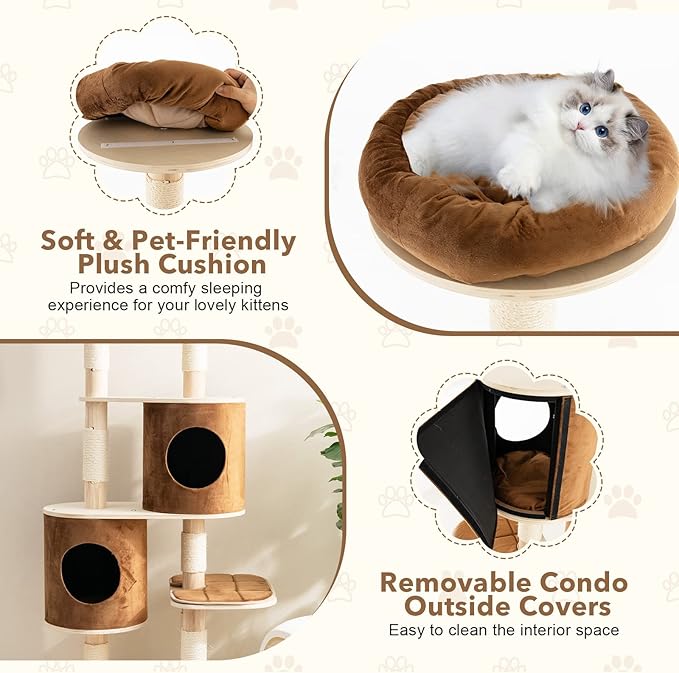 Tangkula 75 Inch Tall Cat Tree for Indoor Cats, Natural Solid Rubber Wood Cat Tower with Sisal Scratching Posts, Top Perch, Detachable Cat Condo, 6-Layer Modern Cat Trees and Towers for Large Cats