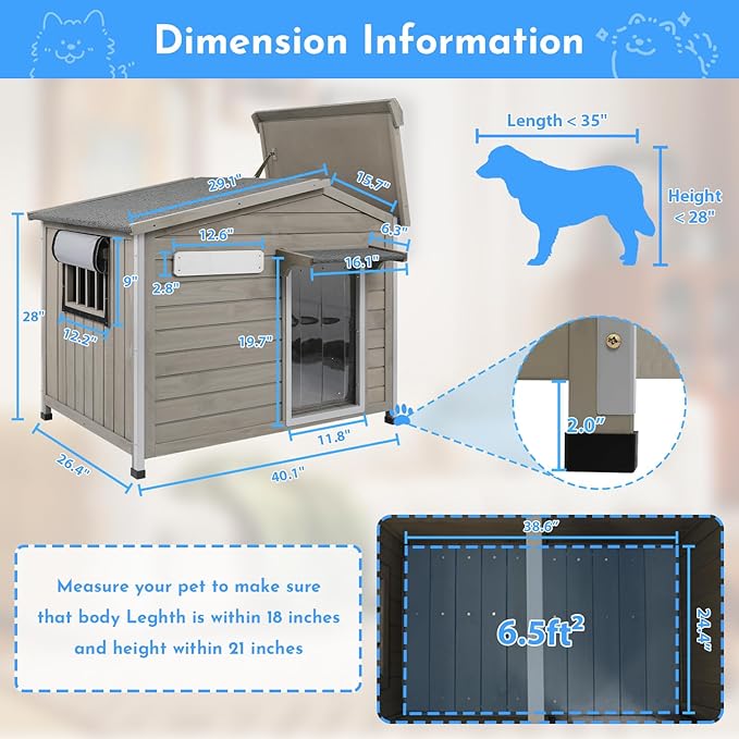 Outdoor Dog House Weatherproof Large Wooden Dog Kennel Indoor for Small Dogs with Chew-Proof Frame, Oxford Fabric Window, Removable Floor Pet Shelter (Grey, 40.1" D x 26.4" W x 28" H)