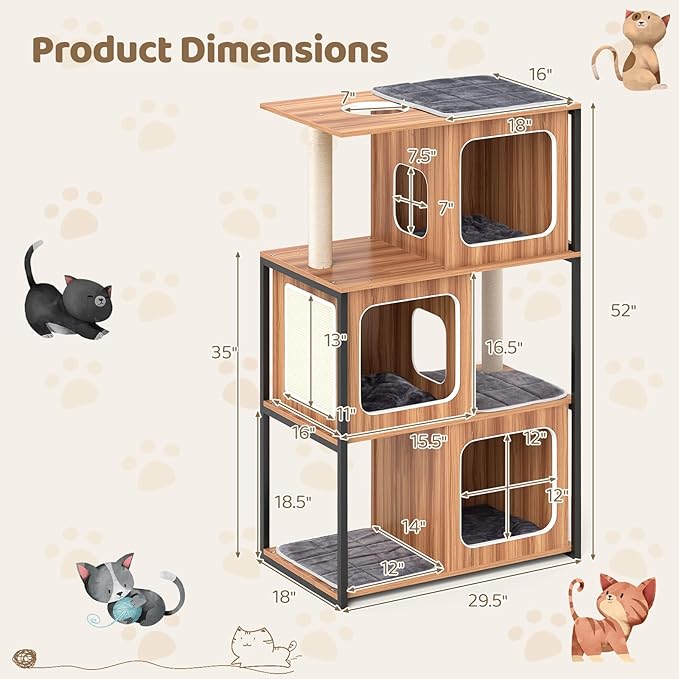 Tangkula Modern Cat Tree, 52 Inch Wooden Cat Condos with Metal Frame, Sisal Scratching Posts & Board, Washable Cushions, Multi-Level Cat Tower for Indoor Cats & Kittens (Natural)