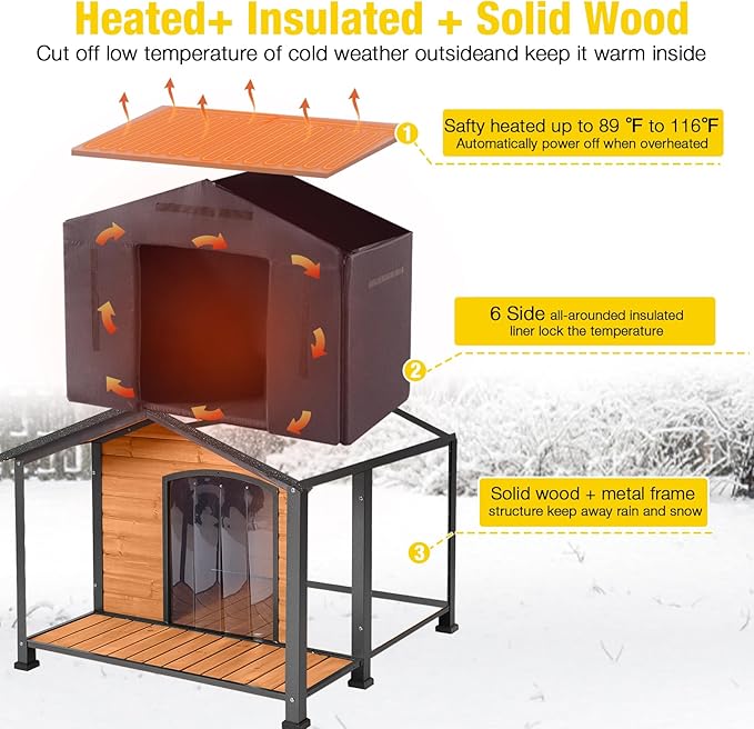 Aivituvin Heated Dog House Outdoor with Anti-Bite Metal Frame Insulated Indoor Dog Kennel 41.6'L Large Dog Cage for Small Medium Large Dogs with Heater and Insulated Liner for Winter