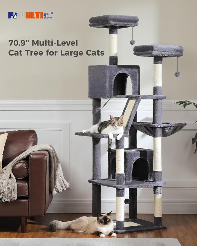 PEQULTI 71'' Cat Tree for Indoor Cats with Big Hammock, Tall Cat Tower for Large Cats with 2 Cat Condo, 2 Soft Top Perch, Scratching Posts and Pad, Dark Grey