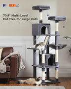 PEQULTI 71'' Cat Tree for Indoor Cats with Big Hammock, Tall Cat Tower for Large Cats with 2 Cat Condo, 2 Soft Top Perch, Scratching Posts and Pad, Dark Grey