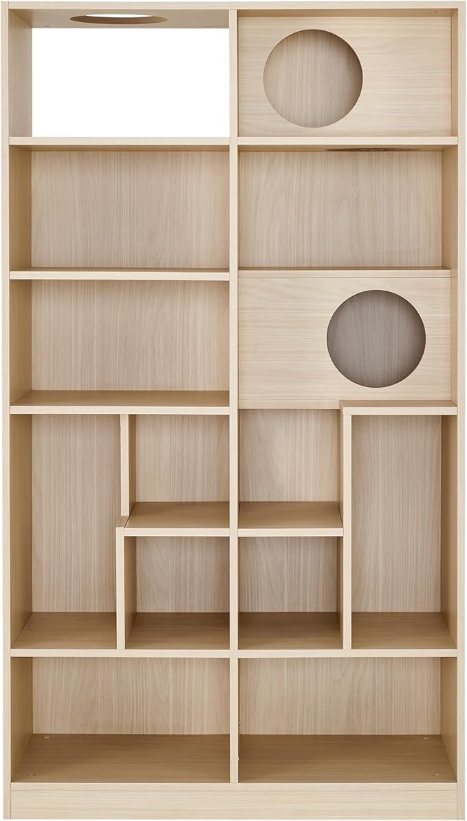 Bookcase Wooden Cat Tree, Natural Bookshelf Indoor Cat House Pet Furniture, Display Case with Storage, Cat Litter Box Enclosure Climbing Shelf