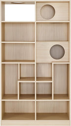 Bookcase Wooden Cat Tree, Natural Bookshelf Indoor Cat House Pet Furniture, Display Case with Storage, Cat Litter Box Enclosure Climbing Shelf