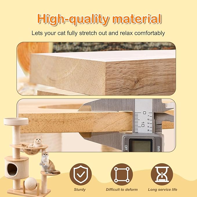 Modern Solid Wood Cat Tree Tower with Scratching Aesthetic 44.29 Inches Tall Cat Towers with Unique Space Capsule and Cat Bed for Indoor Cats 2026