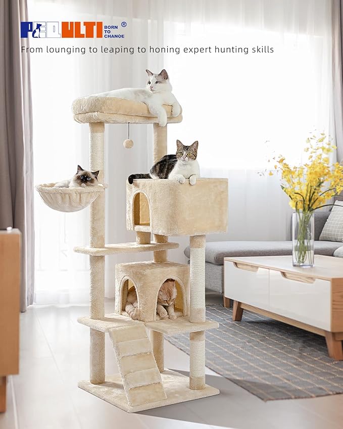 PEQULTI 56.3'' Cat Tree for Indoor Cats with Big Hammock, Cat Tower for Large Cats with 2 Door Condo House, Scratching Posts and Top Perch, Beige