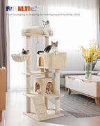 PEQULTI 56.3'' Cat Tree for Indoor Cats with Big Hammock, Cat Tower for Large Cats with 2 Door Condo House, Scratching Posts and Top Perch, Beige