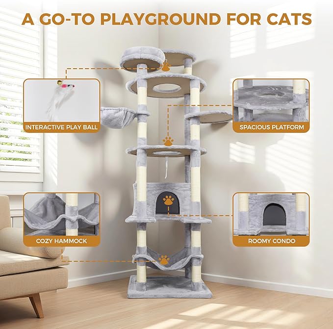 Adorable Flower Cat Tree Tower – Multi-Level Cat House with Cozy Condo, Scrat Ching Posts, Hammock & Play Perch for Indoor Cats, Large Top Perch, Hammock, Tall Pet Climbing Stand (Light Gray 78”)