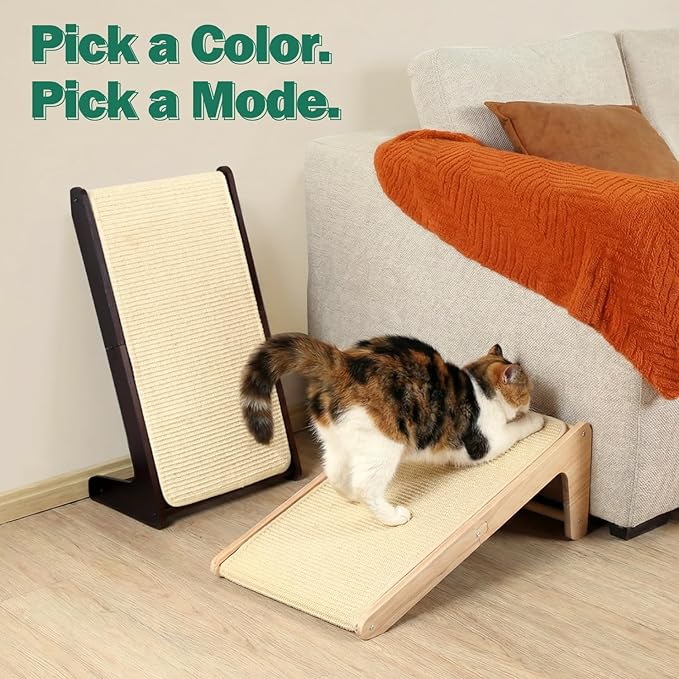 Zakkart L-Shaped Sisal Cat Scratcher, 24.8'' Tall Convertible 70° Vertical Scratching Pad & 20° Ramp Scratcher, Natural Sisal Mat, Solid Wood Frame, Helps Protect Furniture, Easy Assembly (Dark)
