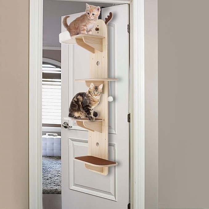 Door Hanging Cat Tree 4 Tier, Wooden Door Mounted Vertical Cat Climbing Scratching Frame 4.92ft Height 9.8in Width Space Saving Cats Shelf 20-25kg Load (Light Wood + Brown)