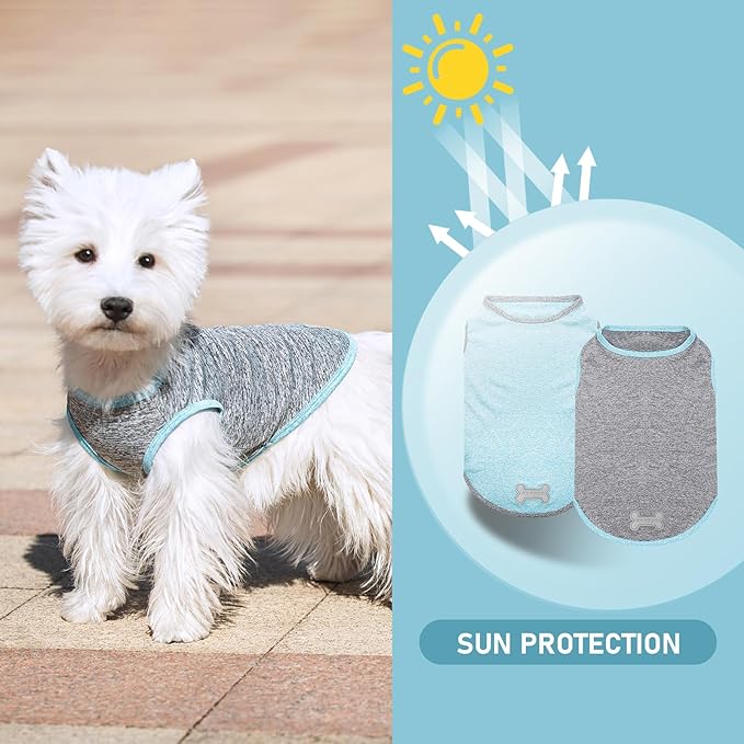 KYEESE 2Pack Dog Shirt, Lightweight Sun Protection Sleeveless Dog T Shirts for Small Dogs Boy, Breathable Pet Reflective Tank Top Summer Dogs Clothes for Outdoor Walking, Grey+Sky Blue, L