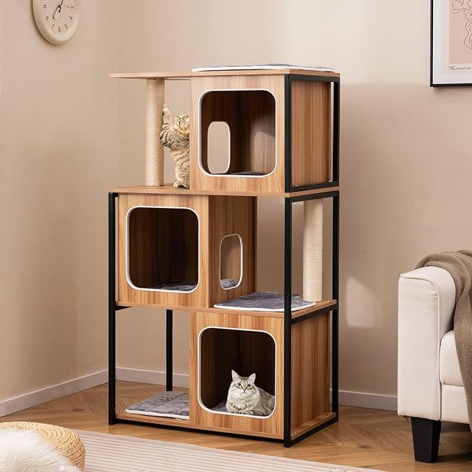 52-inch Wood Cat Tree for Indoor Cats, Multi-Level Solid Metal Framed Wooden Cat Tower with Sisal Scratching Posts and Pad, 3 Condos, and Top Platform with Cat Hole
