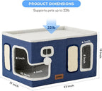 Extra-Wide Cat House for Indoor Cats - Large Cat House for Pet with Fluffy Ball Hanging and Scratch Pad, Foldable Cat Hideaway for Multi Cats, 23x16.5x13 inches, Navy