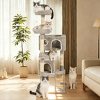Cat Tree Tower 60inch - Multi-Level Indoor Activity Center with Sisal Scratching Posts, Condo, Plush Perch & Hanging Toys for Large Cats (Light Gray)