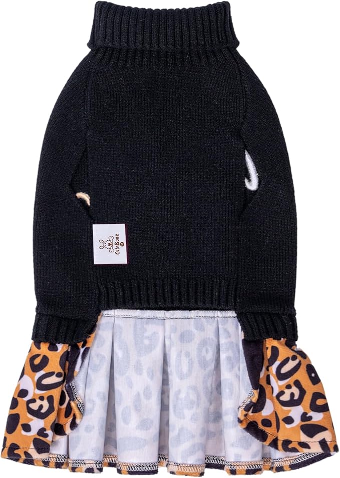 CuteBone Leopard Brown Dog Sweater Dress Wild Love Knit Turtleneck Puppy Sweater with Bowtie Harness Hole Pullover Winter Dress for Medium Dogs