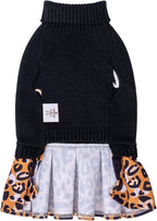 CuteBone Leopard Brown Dog Sweater Dress Wild Love Knit Turtleneck Puppy Sweater with Bowtie Harness Hole Pullover Winter Dress for Medium Dogs