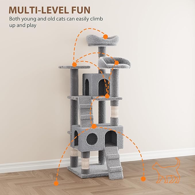 Cat Tree, Tall Cat Tower Condo for Indoor Large Cats, Cat House Furniture with Padded Plush Perch Sisal Scratching Posts (Grey, 63 * 19.7 * 19.7 in)