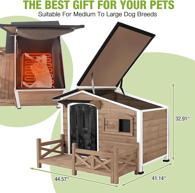 GUTINNEEN Heated Dog House Outdoor Dog Kennel with Safe Heated Pad, Chew-Proof Metal Frame and Insulated Liner for Small to Medium Dogs, 44.6" L x 41.1" W x 32.9“H (Dark Brown)
