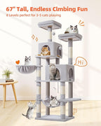 Taoqimiao 66-Inch Cat Tree Cat Tower for Indoor Cats, Plush Multi-Level Cat Condo with 7 Scratching Posts, 2 Perches, 2 Caves, Hammock, 2 Pompoms MS013W Light Gray