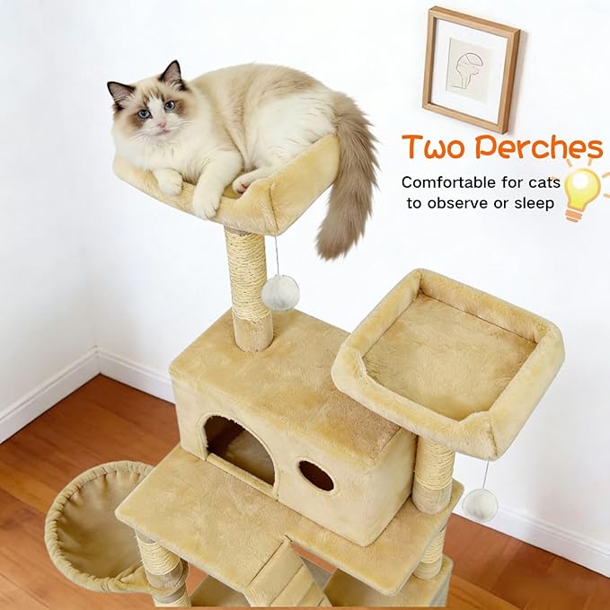 Pawly 70" Extra Tall Cat Tree with Dual Hammocks & Enlarged Condos, Premium CARB P2-Compliant Particle Board, 350G Plush Natural Sisal Cat Tower for Big Cats & Multi-Cat Families, Beige