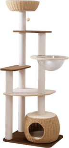 63'' Cat Tree for Large Cats, Modern Indoor Cat Tower with Basket Beds, Cat Condo & Clear Bowl, Multi-Level Wood Cat Furniture for Home Living Room Decor