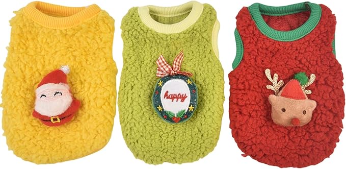 FLAdorepet 3 Packs Christmas Teacup Dog Cat XXS Clothes for Chihuahua Yorkie,Winter Warm Fleece Puppy Pet Clothes Sweater Shirt Vest for Mini Newborn Extra Small Dogs (Christmas, XXXS(Pet Under 1LBS))