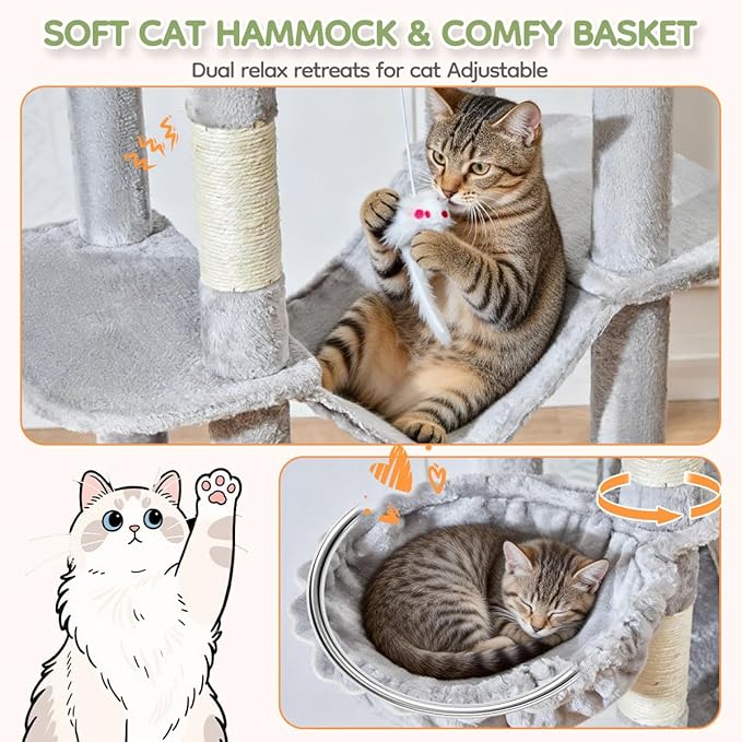 Taoqimiao 79 Inches XXL Cat Tree for Large Cats, for Oversized Cats, Multi-Level Cat Tower, 2 Spacious Cat Condo with 6 Scratching Posts, Hammcock & Cozy Basket, Cat Toys, Light Gray, S10W