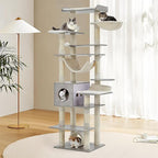 GarveeHome 67 in Cat Tree for Large Cats, Features Scratching Post, Cat Condo, Platforms, Tunnel, Hammock, Food Station & Bowls – Ideal for Indoor Cats, Retro Light Gray