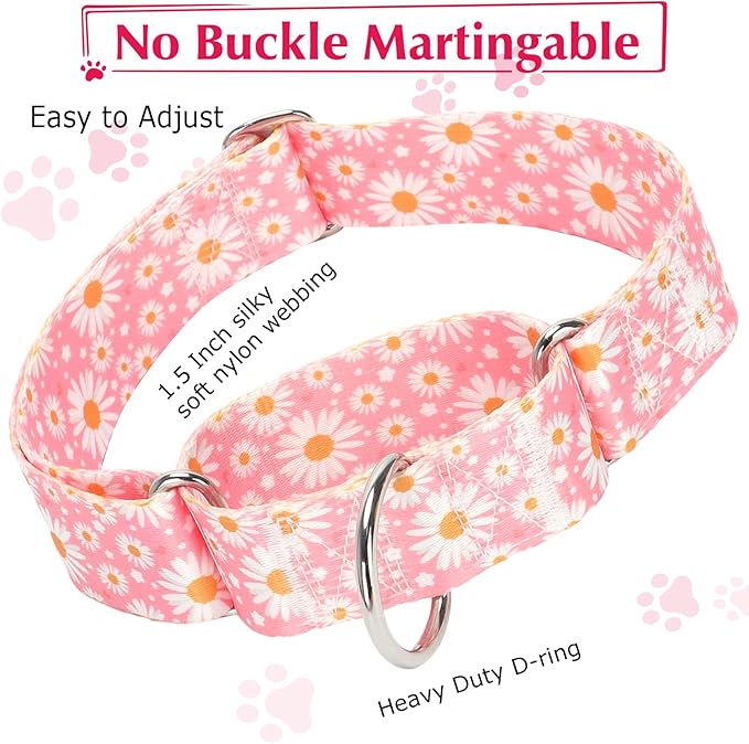 Wide Martingale Collar for Dogs -1.5 Inch Dog Training Collar -Big&Thick Dog Collar - Escape-Proof,Durable and Comfortable - pink Daisy XL