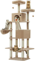 Feandrea Cat Tree, 81.1-Inch Large Cat Tower, Multi-Level Plush Condo with 13 Scratching Posts, 2 Perches, 2 Caves, Basket, Hammock, Pompoms, Camel Brown UPCT190K01
