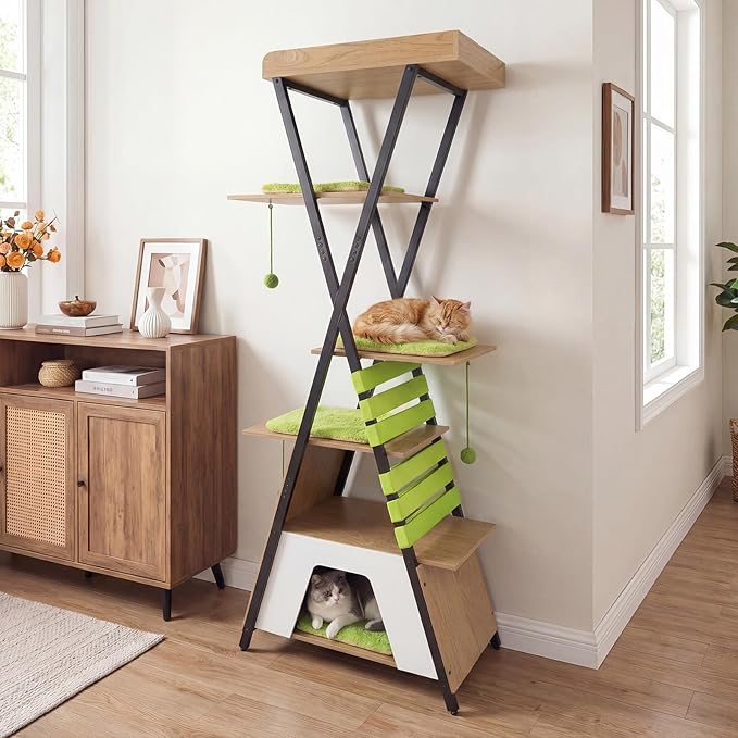 PETSITE 73-inch Tall Modern Cat Tree, Multi-Level Wooden Cat Tower with Scratching Pad, Multiple Platforms with Soft Removable Pads, Condo, and 3 Dangling Balls, Ideal for Indoor Cats (Natural)