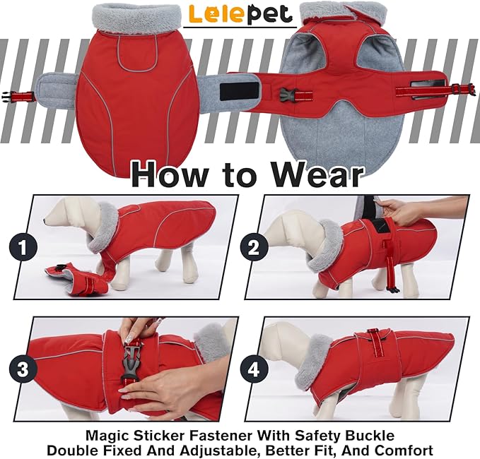 Lelepet Warm Dog Coat - Reflective Waterproof Fleece Vest with Adjustable Buckle Hook & Loop, Windproof Winter Jacket Dog Coats for Small Medium Large Dogs, Red, L