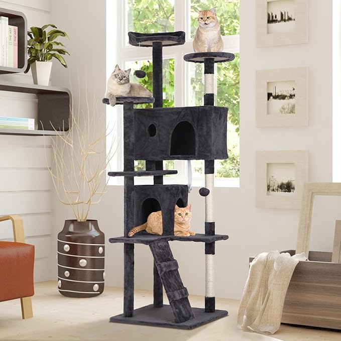 Cat Tree with Scratching Post,Cat Tower House for Indoor Large Adult Cats Kittens,21" Multi-Level Activity Cat Cando Furniture,Grey