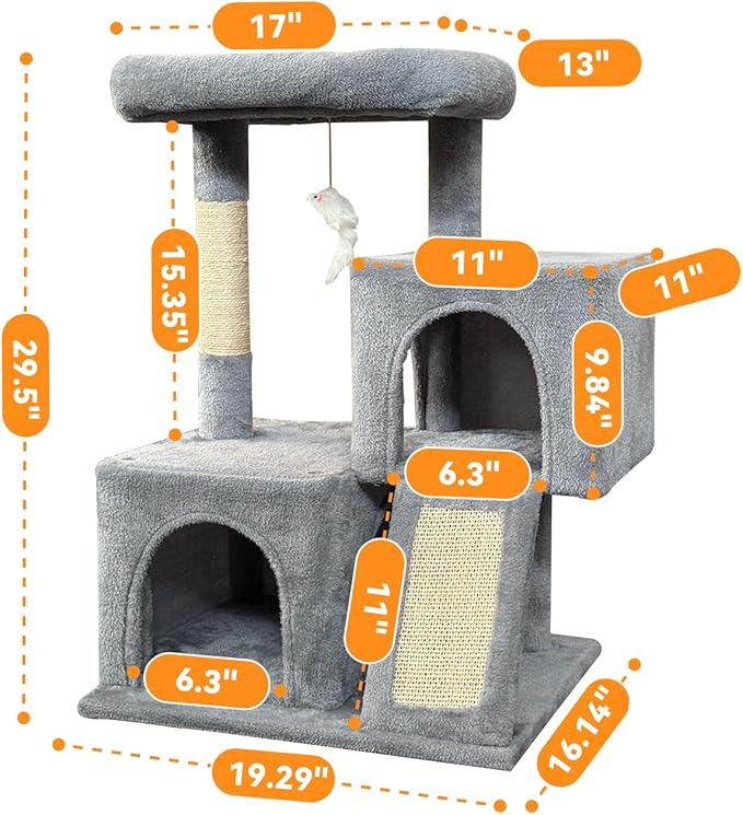 Cat Tree, 29.5 Inches Cat Tower with Dual Condos for Indoor Cats, Plush Cat House with Padded Perch, Scratching Ramp and Posts -Gray