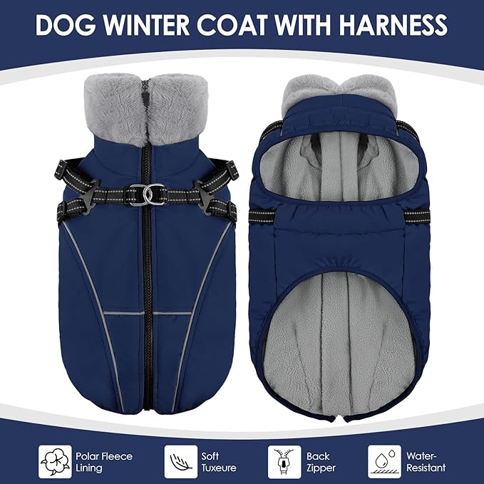 AOFITEE Dog Jacket with Harness Built in, Waterproof Dog Coat for Small Dogs, Warm Fleece Pet Puffer Vest with Zipper on Back & Furry Collar, Reflective Dogs Snow Jacket Small Pet Snowsuit, Blue S